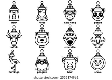 Set of illustrations in the concept of various animals wearing Christmas hats in a line drawing style