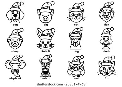 Set of illustrations in the concept of various animals wearing Christmas hats in a line drawing style