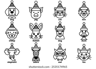 Set of illustrations in the concept of various animals wearing Christmas hats in a line drawing style