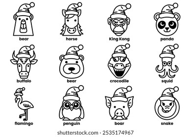 Set of illustrations in the concept of various animals wearing Christmas hats in a line drawing style