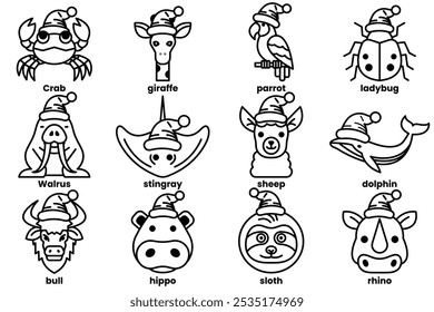 Set of illustrations in the concept of various animals wearing Christmas hats in a line drawing style