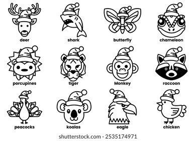 Set of illustrations in the concept of various animals wearing Christmas hats in a line drawing style