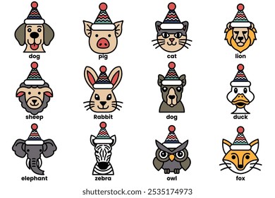 Set of illustrations in the concept of various animals wearing Christmas hats in a line drawing style