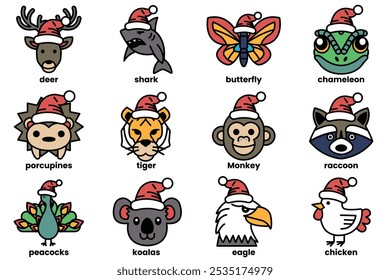 Set of illustrations in the concept of various animals wearing Christmas hats in a line drawing style