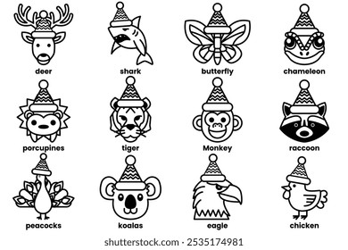 Set of illustrations in the concept of various animals wearing Christmas hats in a line drawing style