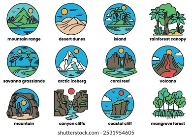 Un conjunto de ilustraciones en el concepto de varias áreas de paisaje en estilo de dibujo de líneas