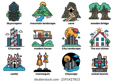 A Set of illustrations in the concept of various places in line style