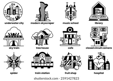 A Set of illustrations in the concept of various places in line style