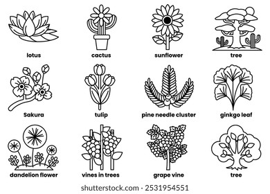 Set of illustrations in the concept of various trees and flowers in line drawing style