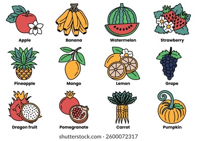 A Set of illustrations in the concept of vegetables and fruits in line drawing style