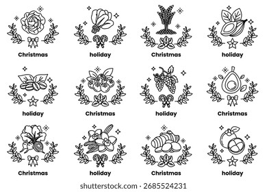 Un conjunto de ilustraciones en el concepto de vacaciones de verduras, frutas y Navidades en estilo de arte de línea