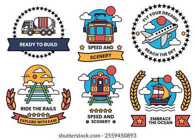 Set of illustrations in the concept of vehicles and travel in line illustration style