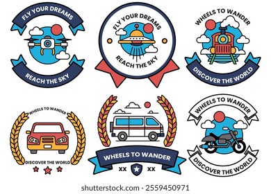 Set of illustrations in the concept of vehicles and travel in line illustration style
