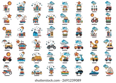 Um conjunto de ilustrações no conceito de veículos em várias condições climáticas no estilo de arte de linha