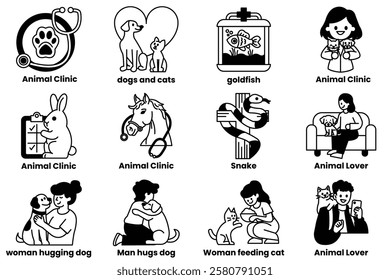 A Set of illustrations in the concept of veterinarians and animal clinics in a line style