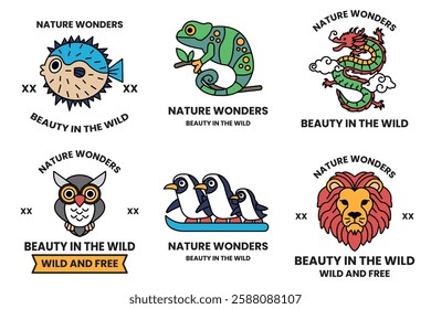 A Set of illustrations in the concept of wild animals in line art style