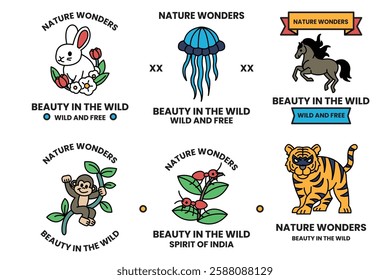 A Set of illustrations in the concept of wild animals in line art style