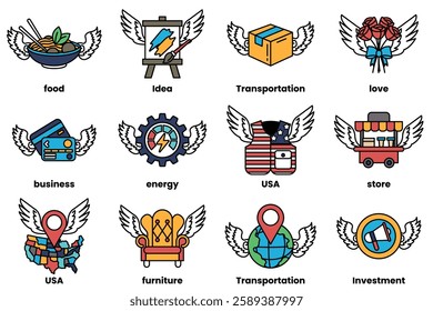 A Set of illustrations in the concept of winged business items in line drawing style