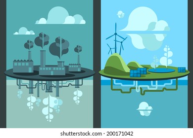 Set of illustrations, Concepts for ecology, Traditional plant pollution and alternative energy