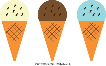 Set of illustrations of cone ice cream (vanilla, chocolate, mint) icons