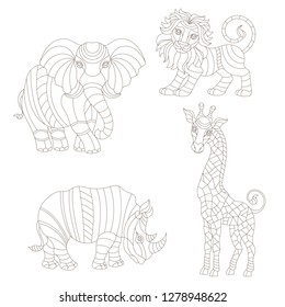 Set of illustrations with contour stained glass elements, African animals, abstract rainbow elephant, giraffe, lion and Rhino, isolated on white background