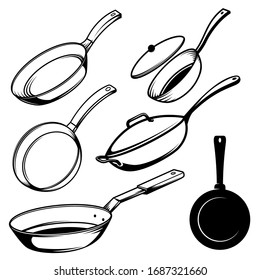 Set of illustrations of cooking pans in engraving style. Design element for poster, label, sign, emblem, menu. Vector illustration