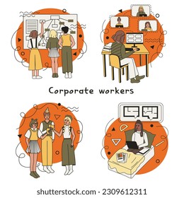 Conjunto de ilustraciones con trabajadores corporativos. Trabajo de oficina, videoconferencia, trabajo a distancia, fiesta corporativa. Trabajador arquitecto.
