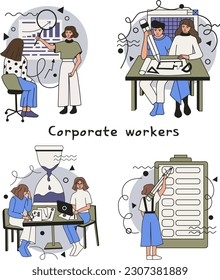 Conjunto de ilustraciones con trabajadores corporativos. Presentación, proceso creativo, trabajo en equipo, fecha límite y tareas de verificación.