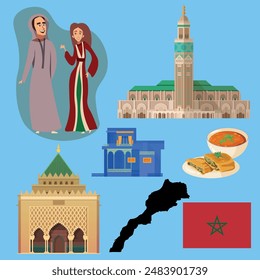 
Set of illustrations of the country Morocco. National clothing, food, architecture of Morocco