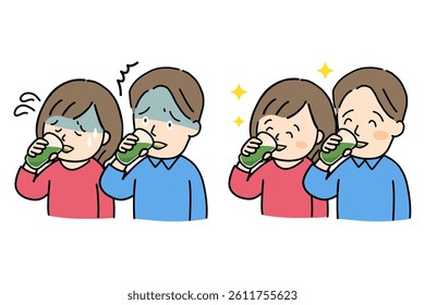 A set of illustrations of a couple drinking green juice and looking bitter, and a couple drinking it with relish.