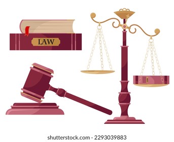 A set of illustrations of a court case. Court. Symbols of justice. Books about law, judicial gavel, weights of justice. Themis