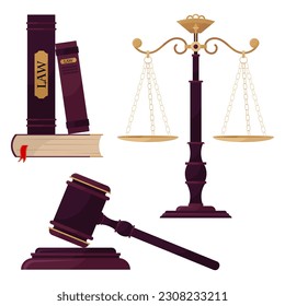 Set of illustrations of a court case. Court. Symbols of justice. Books about law, judicial gavel, weights of justice. Themis