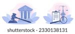 A set of illustrations of a courthouse, a magnifying glass, a judge