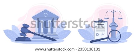 A set of illustrations of a courthouse, a magnifying glass, a judge's gavel and a scale. The concept of law, court, justice, legal services to business and protection in court. Vector illustration