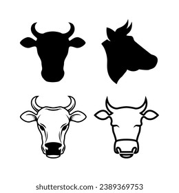 Set of illustrations of cow head. Design element for logo, label, sign, badge. 