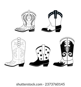 Set of illustrations of cowboy boots. Wild West theme. Linear style vector design for logo, label, sign, emblem.