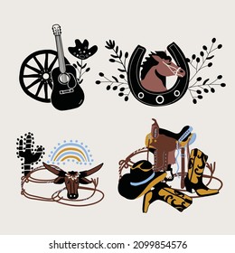 set of illustrations with cowboy equipment and a guitar, vector design for paper, fabric and other surface