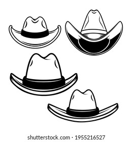 Set of Illustrations of cowboy hats. Design element for logo, label, sign, emblem, poster. Vector illustration