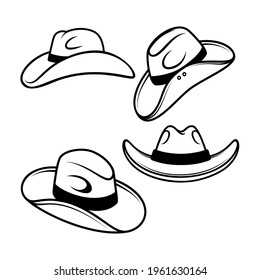 Set of Illustrations of cowboy hats. Design element for logo, label, sign, emblem, poster. Vector illustration