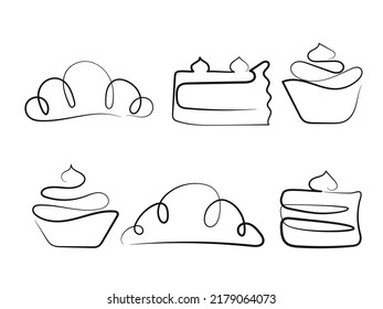 set of illustrations croissant, tart, cake, cupcake, one line art, minimalism