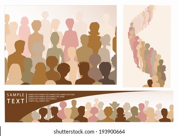 Set of illustrations with crowd, including banner with place for text 