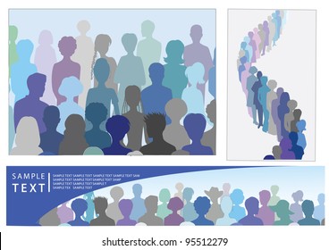 Set of illustrations with crowd, including banner with place for text