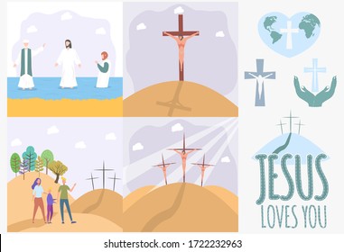 Set illustrations. Crucifixion of Jesus Christ. Atonement for the sins of men. The Word of God. Christianity. The number of believers is growing. Jesus Christ. Holy places. Bible study concept. 