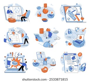 Set of illustrations cryptocurrency exchange platform, marketplace. Financial digital payment system. Internet stock market trading, money investment concept. Online currency and blockchain technology