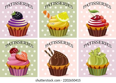 A set of illustrations with cupcakes.Vector set of color illustrations with sweet cupcakes with decor.