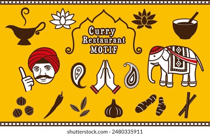 Set of illustrations of curry restaurants and Indian curry stores