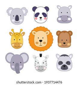 A set of illustrations with cute animal faces. Wild animals for kids in cartoon style.