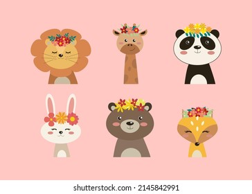 set of illustrations of cute animals with flower wreaths on their heads on a pink background. vector flat illustration, concept of flowering, spring, summer