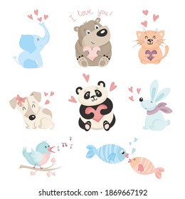 set of illustrations of cute animals with hearts for valentine's day.  animal love stickers.  vector illustration of in love bear, elephant, hare, fish, panda, dog, cat, bird