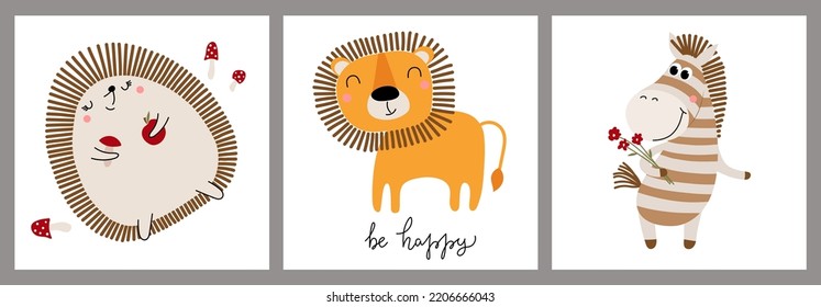 Un conjunto de ilustraciones con animales lindos. Hedgehog, león y cebra. Colección de tarjetas de ducha para bebés. Postal, afiche, decoración de habitación para niños, estampado para niños.